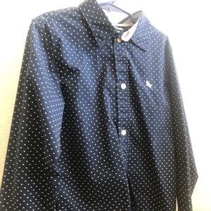 Size 8/9: Boy Button-Up Navy/White Polka Dot Shirt